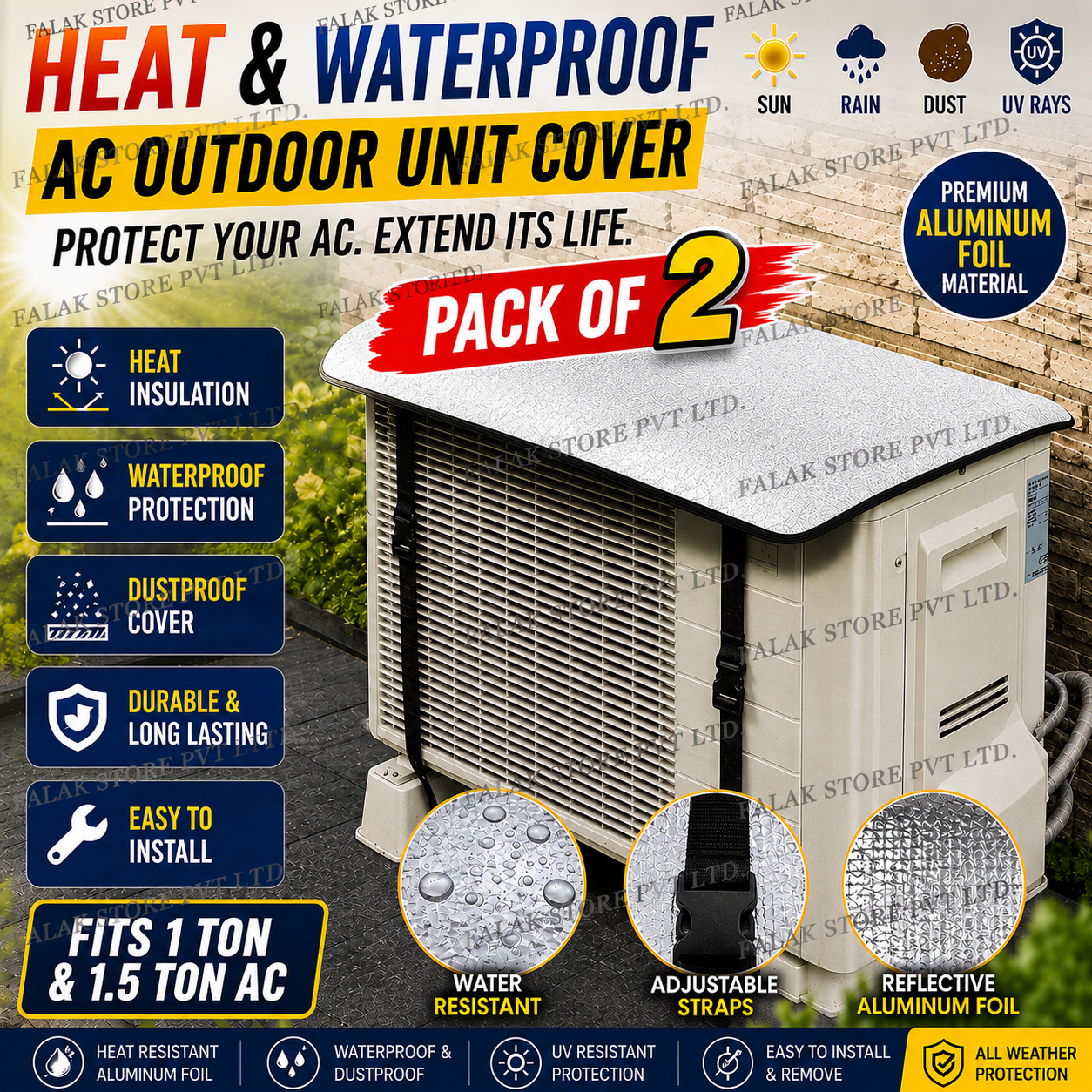 PACK OF 2 Heat & Waterproof AC Cover for Outdoor Unit | 1 Ton & 1.5 Ton AC Dust Protection Cover | Aluminum Foil Heat Insulation AC Cover | Rain Sun UV Protector for Split AC