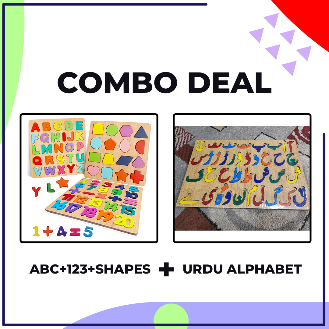 5 in 1 Wooden Educational Puzzle Board Set for Kids |  Urdu Alphabet, English ABC, Numbers, Shapes Learning Board | FALAK STORE