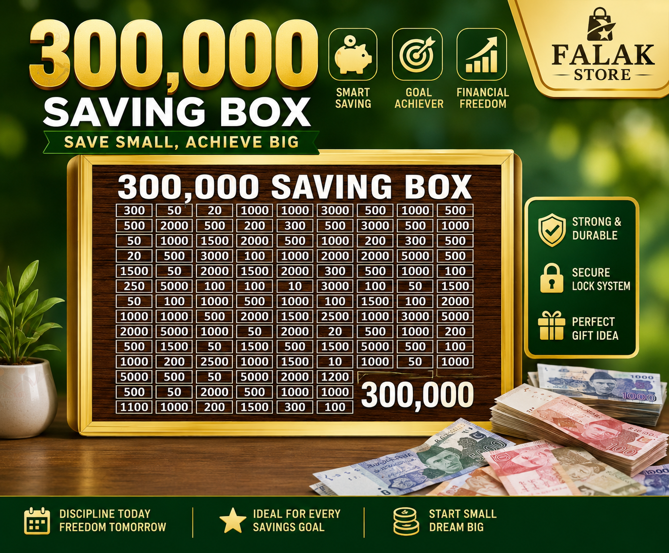 300,000 PKR Wooden Money Saving Box  Cash Challenge Tracker  Budget Savings Organizer for Kids & Adults